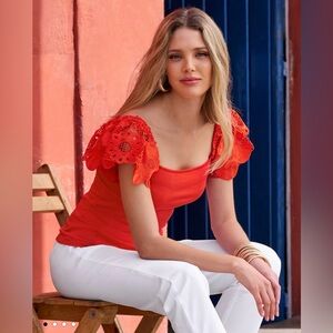 Boston Proper Orange Floral Lace Eyelet Flutter Ruffle Sleeve Top